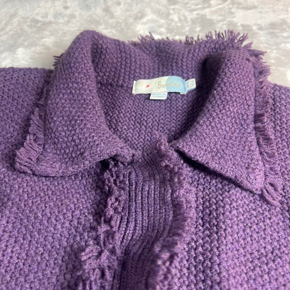 Boden Womens 4 Cardigan Purple 100% Wool Fringe Longline Knit Sweater WK694